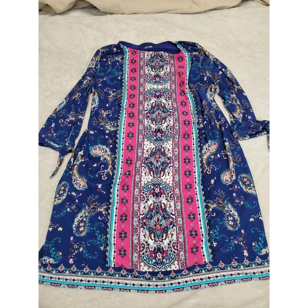 Chico's Blue Pink Medallion Print 3/4 Sleeve Stretchy‎ Midi Dress 20 4 Office